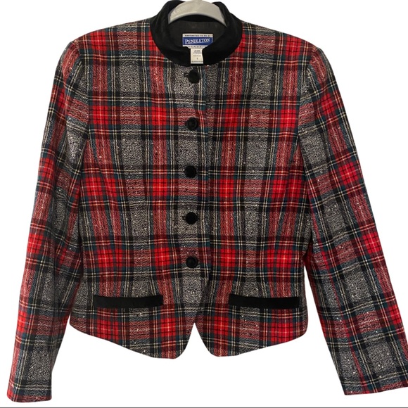Pendleton Jackets & Blazers - Vintage Womens Pendleton Tartan Plaid Blazer Jacket Red Gray Irish Wool Size 6